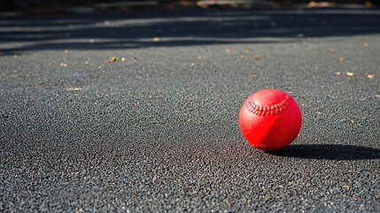 Bright red kickball rests on black asphalt playground during sunny childhood memories