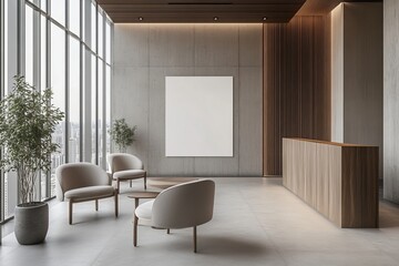 Modern office lobby with wooden reception desk, comfortable seating, large windows, and blank canvas.