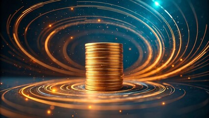 Golden Coins Stacked in Center of Swirling Light Effects and Glimmers in Blue Background