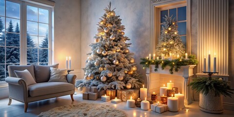 Fototapeta premium Snow-covered Christmas tree with candles and ornaments in a cozy living room, Christmas tree decoration, Holiday cheer