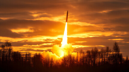 Obraz premium Missile launch at sunset, forest background. Military power concept