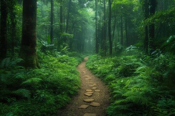 Deep jungle path with towering ancient trees and vibrant undergrowth, a hidden world of lush greenery and dense vegetation.