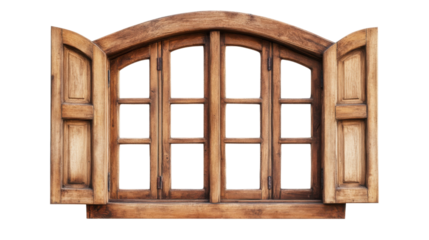 Open arched wooden window with shutters and transparent background