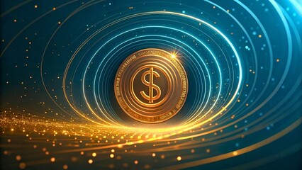 Fototapeta premium Glowing Dollar Sign Surrounded by Bright Particles and Light Trails in Blue Background