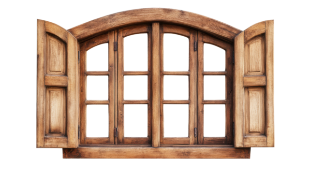 Open arched wooden window with shutters and transparent background