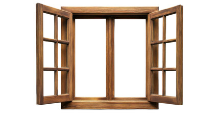 Open wooden window frame with transparent background letting in fresh air