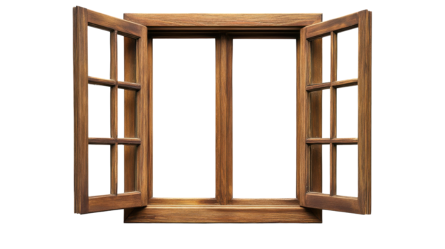 Open wooden window frame with transparent background letting in fresh air - Powered by Adobe