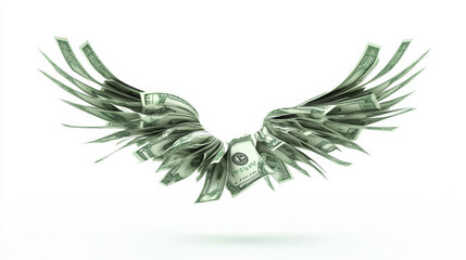 Obraz premium 3d render flying banknotes with wings, isolated money set. Green dollars on white background. Twisted paper bills and currency banknotes birds. Business and finance success, casino. 3D Illustration