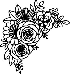 Hand drawing floral line art illustration featuring detailed rose,foliage,leaves, and botanical elements. For coloring pages, tattoo designs, laser cutting, and decorative clipart.