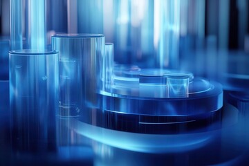 dynamic 3d visualization of layered data analytics, featuring translucent charts and graphs in futuristic blue tones