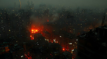 Night city fire aerial view, rain, urban chaos