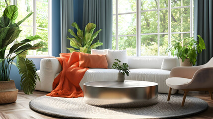 Stylish living room featuring a grey sofa, round copper coffee table, lush green plants, and soft lighting, creating a warm and inviting space for relaxation