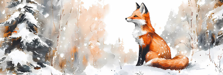 Fox animal in winter landscape. Watercolor illustration. Wild cute red fox in winter forest. Festive image print. Furry animal with red fur on white snow and fir trees. Side view forest animal