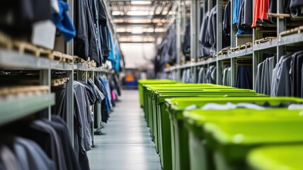 Clothing warehouse interior with organized shelves and green bins for sorting at midday