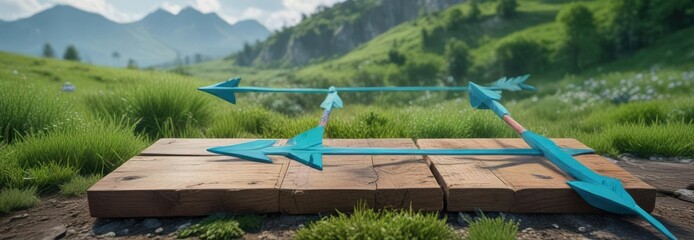 Colorful arrows on a wooden plank rising from the ground amidst a blue-green landscape, landscape, wood