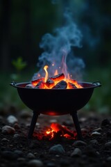 Empty charcoal barbecue with intense orange flames, glowing coals , vibrant, fire