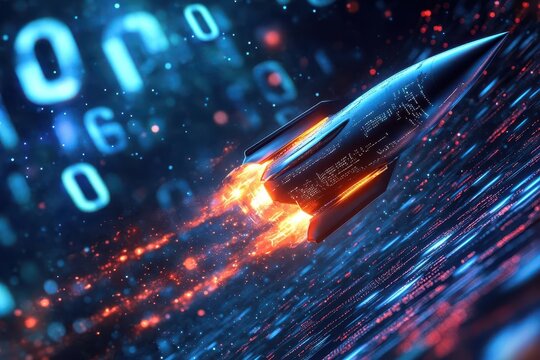 dynamic 3d visualization of sleek rocket soaring through digital matrix of floating numbers and data streams, cyberpunk blue glow