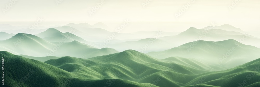 Poster rolling green hills seamlessly blending into a misty horizon create a serene and tranquil landscape,