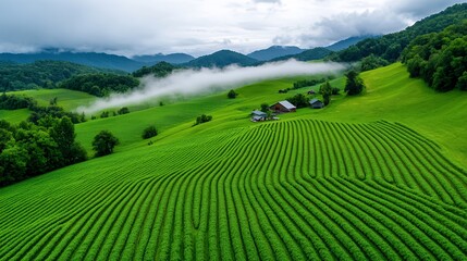 Fototapeta premium Serene Green Hills Landscape with Fog and Farmhouses at Sunrise