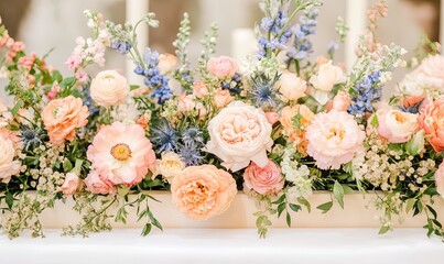 Pastel floral centerpiece on table at elegant wedding reception
