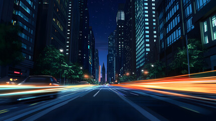 Fototapeta premium city street night modern urban metropolis skyscrapers colorful light trails transportation moving cars dynamic energy traffic road highway cityscape speed