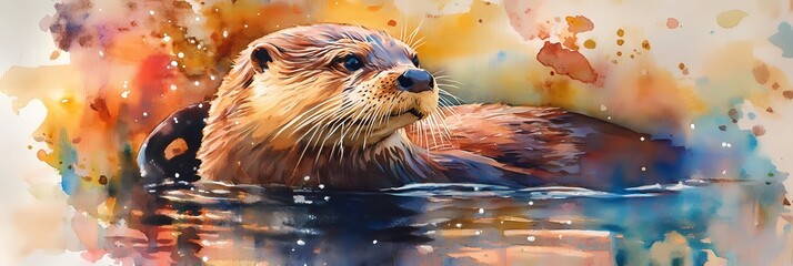 Watercolor illustration of a playful river otter in its natural habitat.