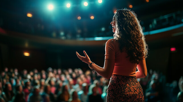 Woman Speaker Motivational Conference Audience Presentation Stage Lights