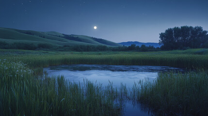 Fototapeta premium Meadow with grass, pond, conifers and hills on horizon at night. Vector illustration of summer landscape of field or pasture with plants, lake, full moon and stars in dark sky