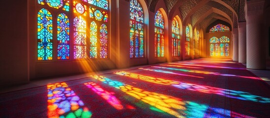 Vibrant stained glass windows casting colorful reflections in a serene hall interior