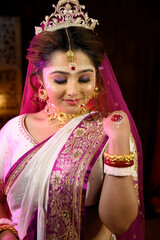 Stunning Indian bride wearing traditional bridal saree with heavy gold wedding jewellery, a veil...