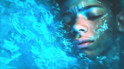 Young boy submerged in blue water, serene moment captured during swimming in a pool on a warm afternoon