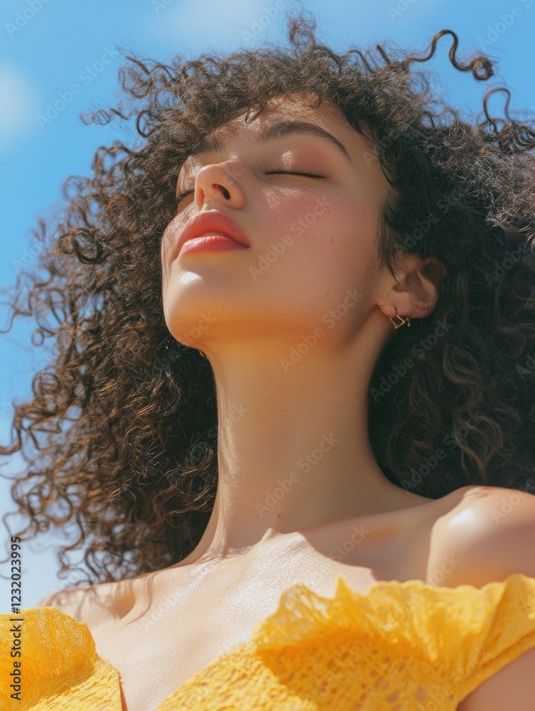 Wall mural Woman with Curly Hair Wearing Yellow Dress