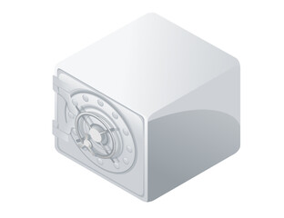 Isometric compact security safe with a round mechanical lock. Light gray metal exterior. Angled view showcasing the three-dimensional shape. Vector illustration isolated on white background