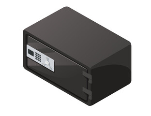 Isometric sleek black lockbox with a digital keypad on the front. Modern, compact and secure. Rectangular shape with sharp edges. Smooth dark surface. Vector illustration isolated on white background