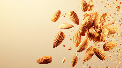 Almonds floating in the air with pieces breaking apart, showcasing the motion and texture of the nuts. This image represents healthy snacking and natural food ingredients.