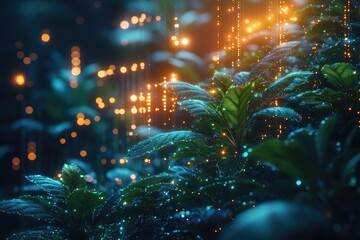 Obraz premium Digital ecosystems thriving with tech flora and fauna in a glowing cyber environment.