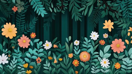 Vibrant Floral Garden Illustration Dark Teal Background Blooming Flowers Lush Greenery
