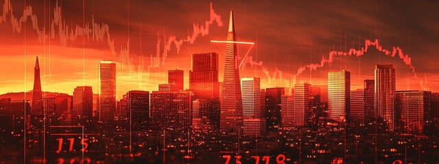 Red city skyline at sunset with superimposed stock market graph showing decline.
