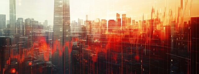 Fototapeta premium Cityscape at sunset with superimposed stock market data.