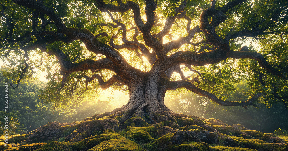 Poster a towering ancient oak tree with a massive, gnarled trunk, twisting roots burrow deep into the earth