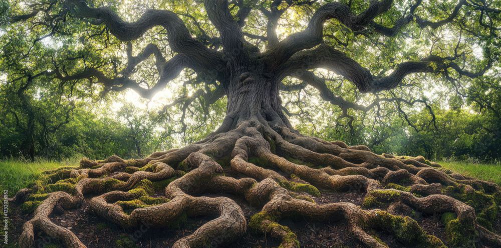 Poster a towering ancient oak tree with a massive, gnarled trunk, twisting roots burrow deep into the earth