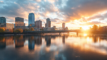 Naklejka premium Morning cityscape with highway bridge across river. Cartoon vector illustration of golden sunrise or sunset light reflecting in glass windows of modern city skyscrapers on bank of lake or seashore
