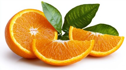 Ripe Orange Segment with Leaves on Clean White Background, Isolated for Freshness and Clarity in Food Photography