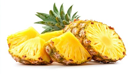 Ripe Pineapple Isolated on Clean Background, Sliced and Whole Fruit with Fresh Green Leaves for Culinary Use