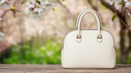 Elegant Cream Leather Handbag on Wooden Table Spring Blossom Background
