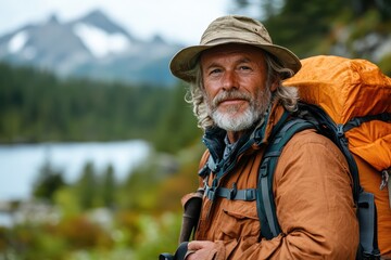 An adventurous elderly man stands confidently in nature, equipped for exploration with a backpack. He embodies the spirit of outdoor exploration and resilience.