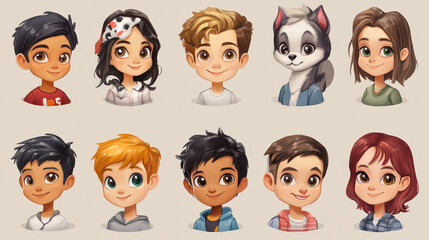 Set of people and pets avatars square round icons. Diverse men, women, girls, boys, cat portraits. Male and female characters with different appearance and ethnicity, Line art vector illustration