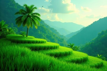Obraz premium Green rice paddy steps, vibrant jungle canopy, single palm tree silhouette , outdoor, foliage