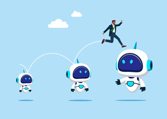 Businessman jumping from small to the big robot. Technology growth development plan, artificial intelligence promotion. Modern vector illustration in flat style. 