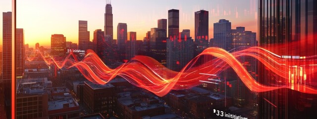 Red data wave flowing over city skyline at sunset.